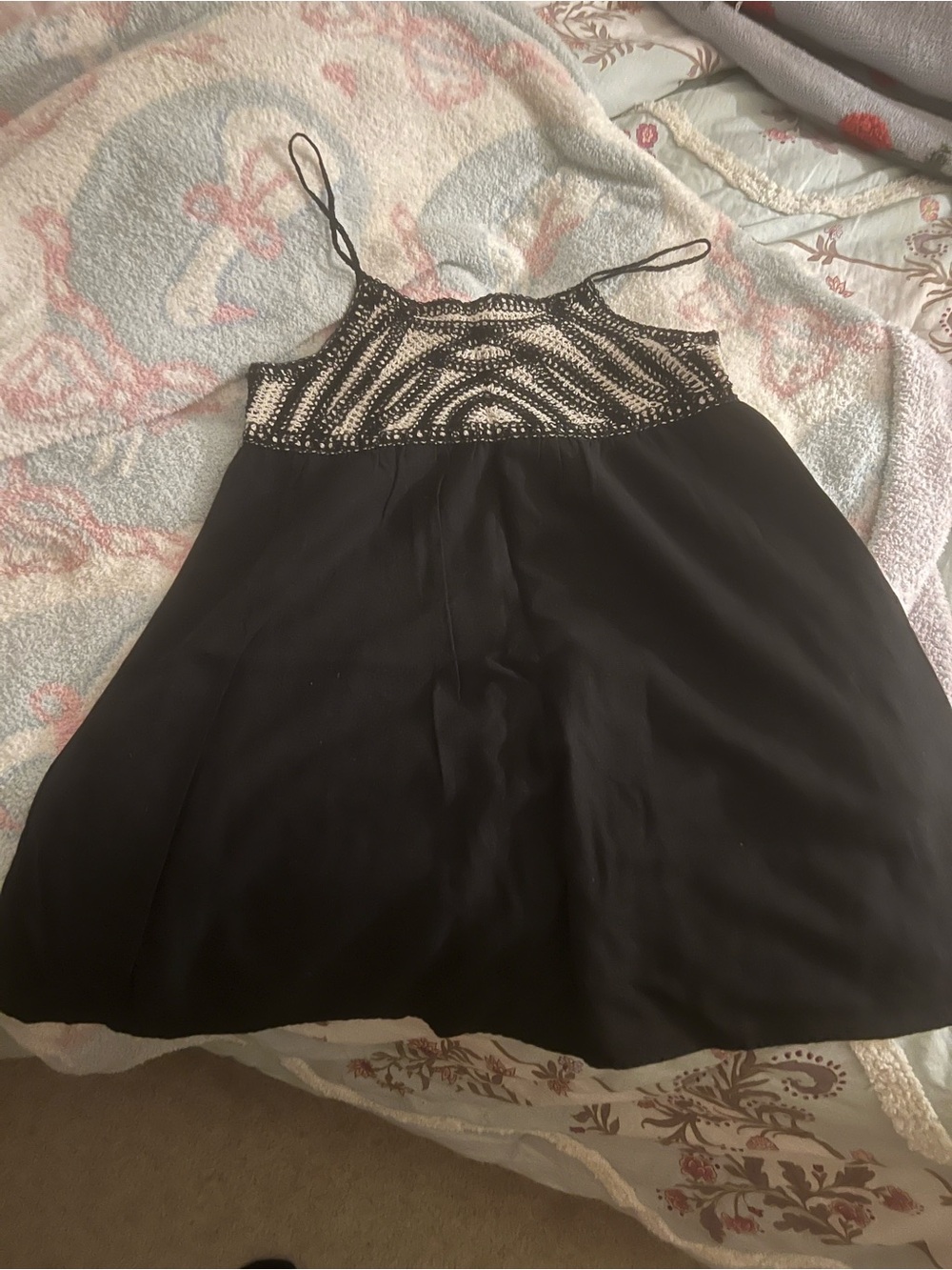 Zara Black A-Line Spaghetti Strap Dress with Crochet Bodice